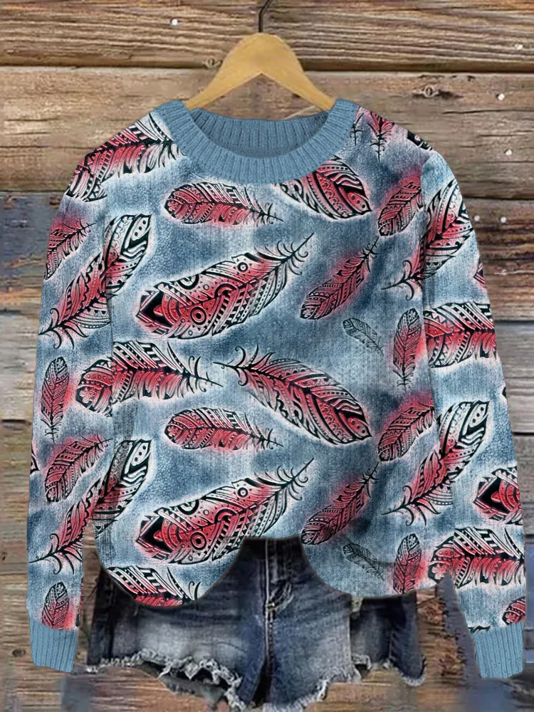 Embossed Leather Feather Western Pattern Cozy Sweater