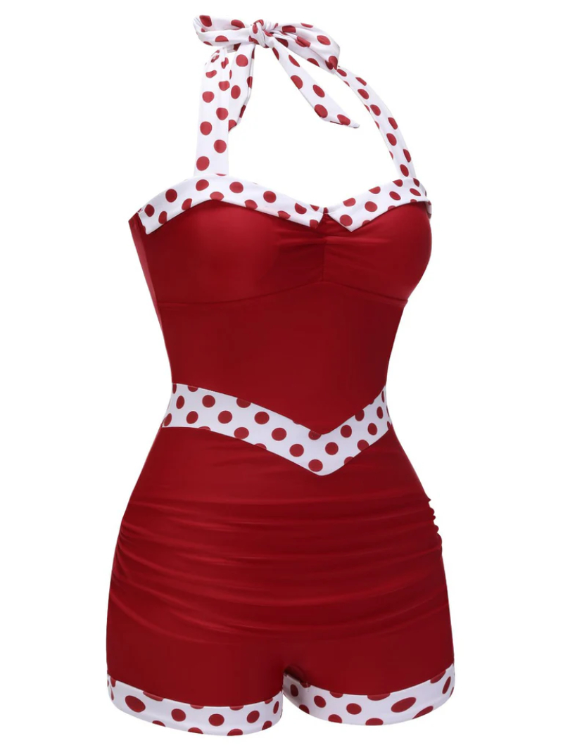 RED 1940S HALTER PATCHWORK ONE-PIECE SWIMSUIT