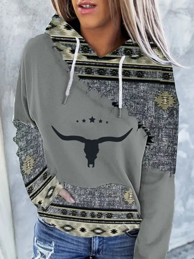 🔥Buy 3 Get 10% Off🔥Women's Western Ethnic Print Hooded Sweatshirt