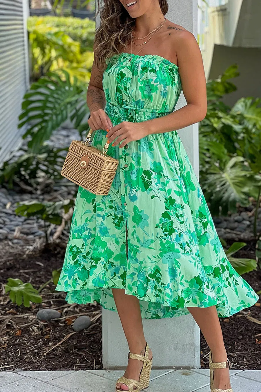 Green Floral Print High Low Dress