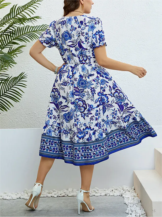 Plus Blue Floral Puff Sleeve Ruffle Hem Elastic Waist Midi Dress