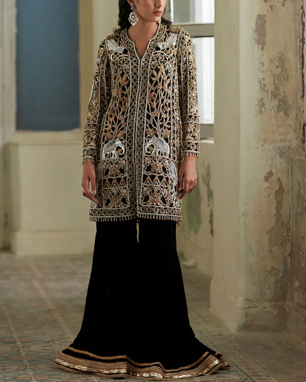 velvet blouse and gharara with metallic finishing and pants two-piece set