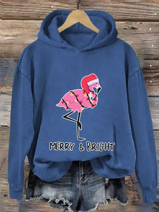 Women's Merry And Bright Christmas Flamingo Print Casual Hooded