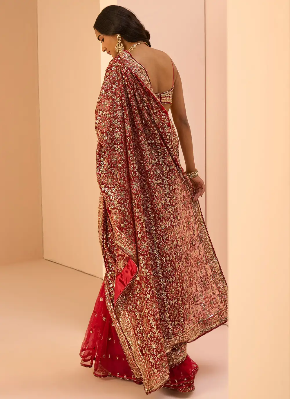 Red Embroidered Gharara Saree