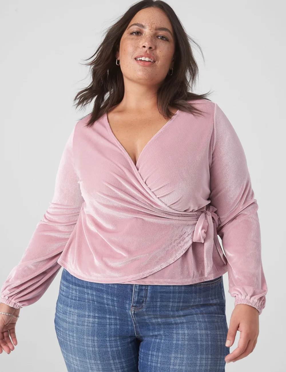 Classic Blouson-Sleeve Surplice Tie Velour Top