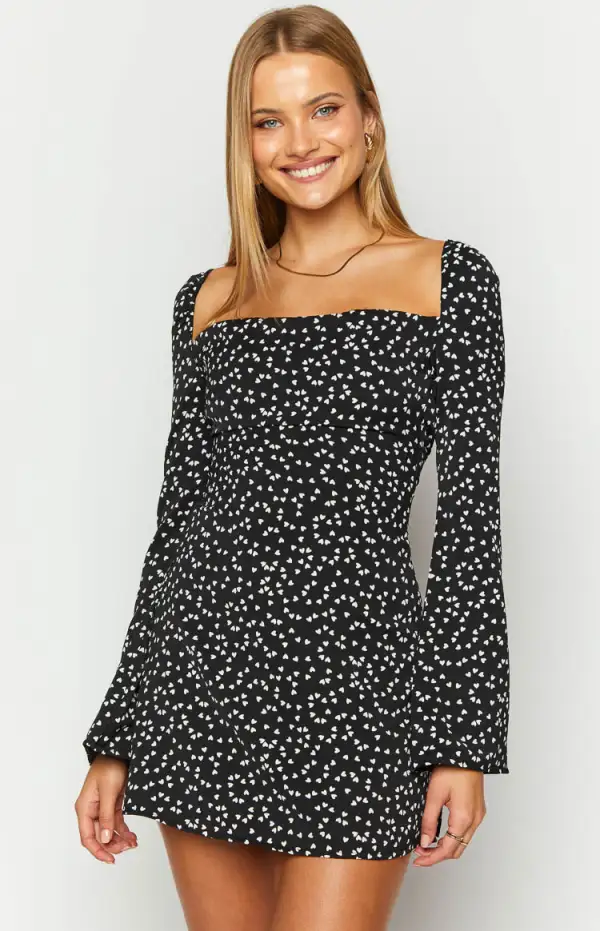 Marienne Black Heart Print Long Sleeve Mini Dress