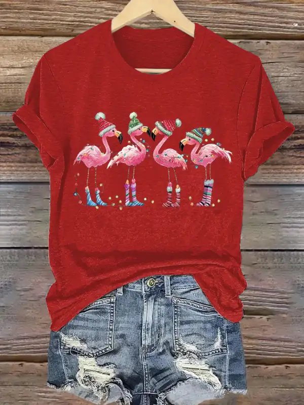 Women's Christmas Flamingo Printed Crew Neck T-Shirt