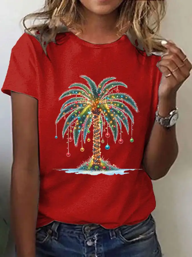 Women'S Christmas Palm Tree Print Casual Round Neck T-Shirt