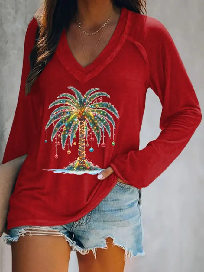 Women's Christmas Palm Tree Print V-Neck Casual T-Shirt