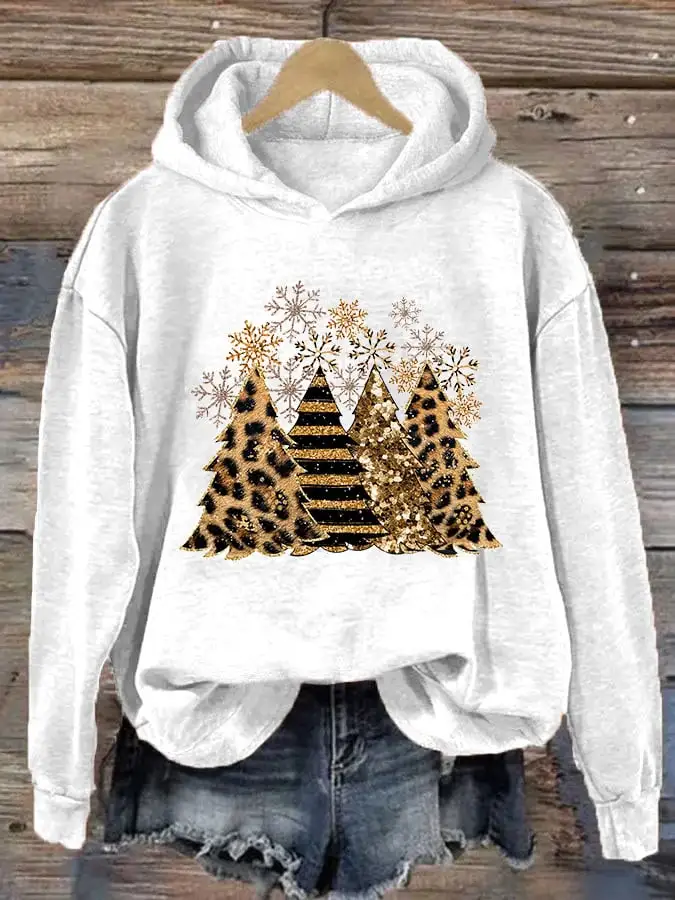 Women's Leopard Stripe Christmas Tree Print Casual Hooded Sweatshirt