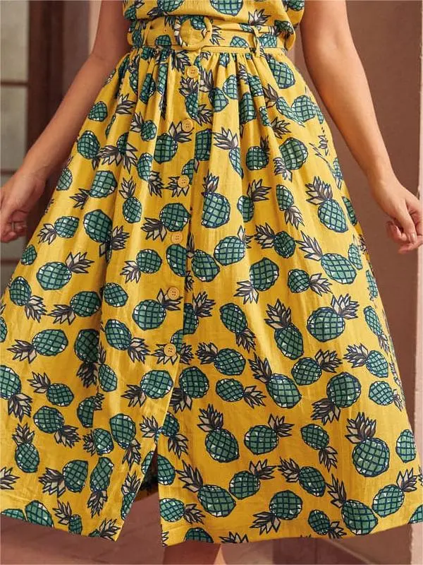 Vintage Pineapple Printed Pleated Flared Skirts