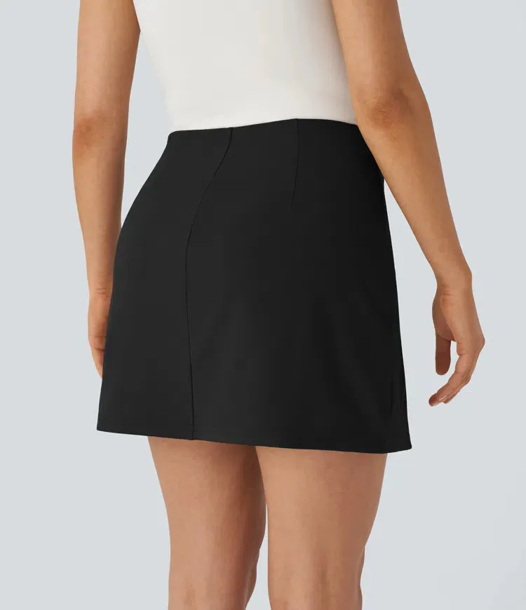 High Waisted Decorative Button 2-in-1 A Line Mini Work Skirt