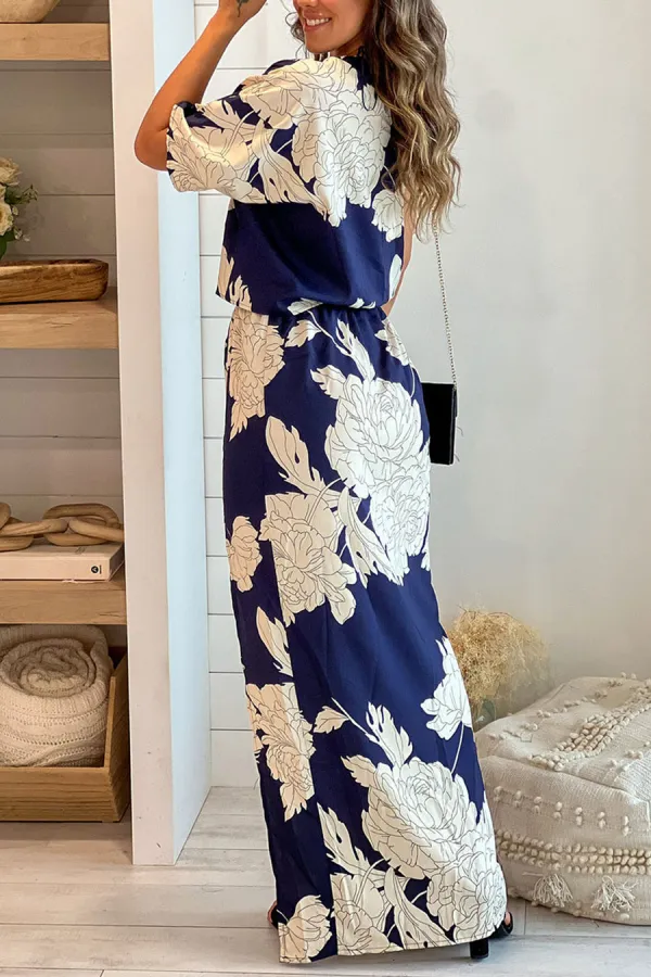 Navy And White One Shoulder Maxi Dress With Slit