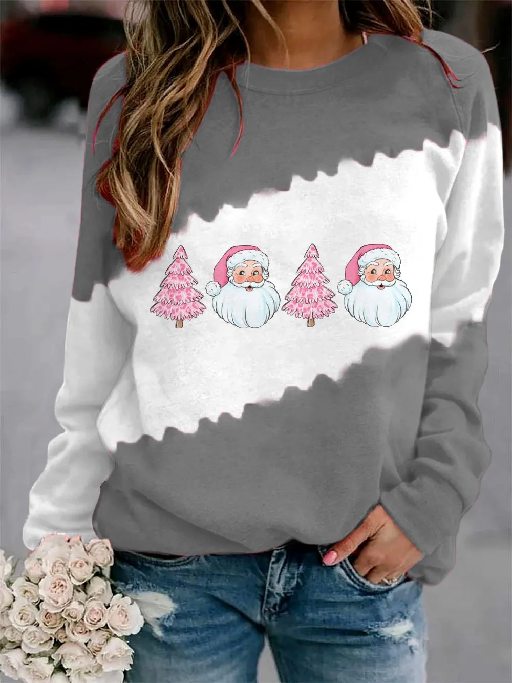 Women's Santa   Tree Print Sweatshirt