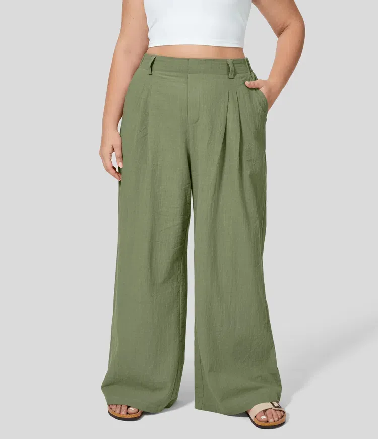 High Waisted Plicated Side Pocket Wide Leg Flowy Casual Plus Size Pants