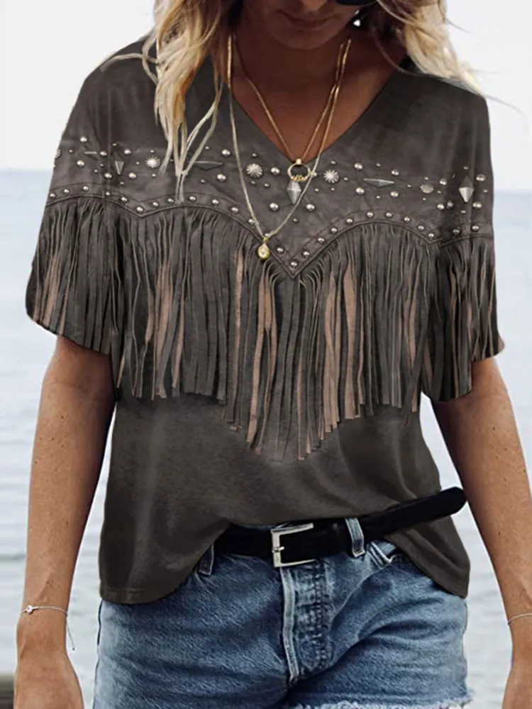 Western Fringe Print V-Neck Short Sleeved T-Shirt