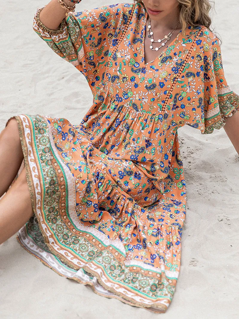 Printed V-Neck Short Sleeve Midi Dress