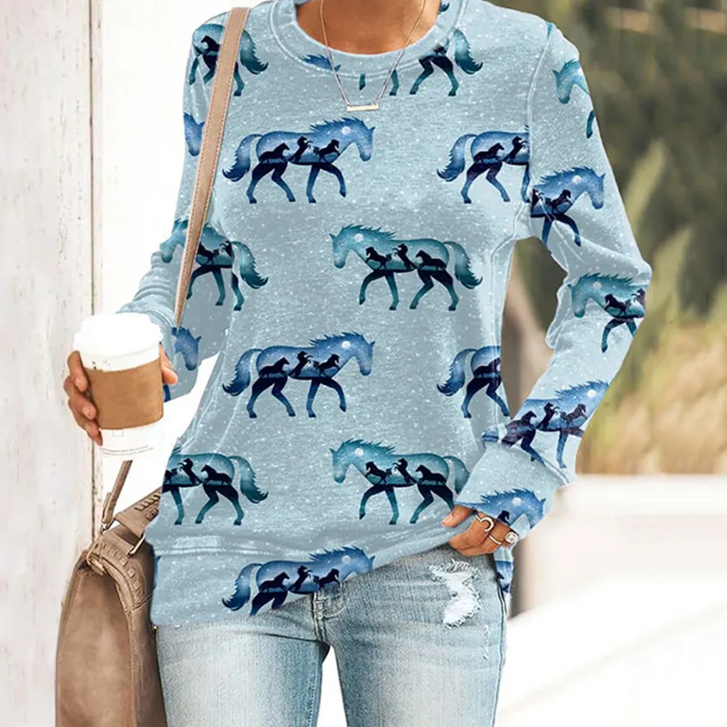 Horse Print Round Neck Casual Sweatshirt