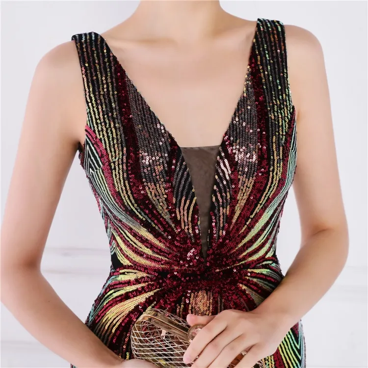 Women Summer Red Formal V-neck Sleeveless Patchwork Sequined Mermaid Evening Dress