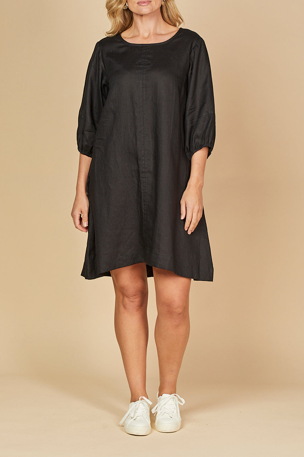 Hazel Short Linen Shift Dress in Black