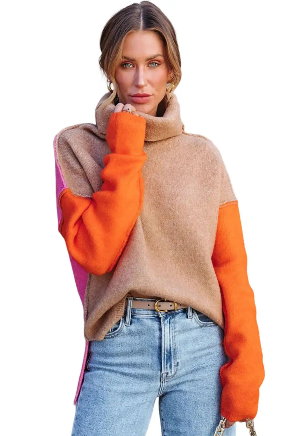 Color Block Turtle Neck Drop Shoulder Knit Sweater