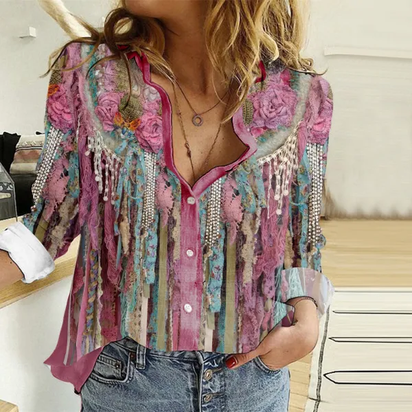 Western Fringed Print Long Sleeve Casual Shirt