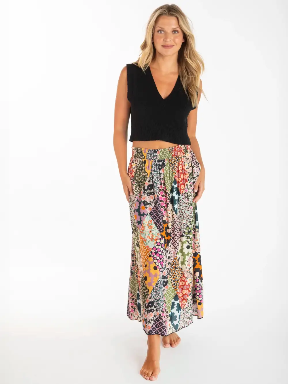 Maylin Midi Skirt - Floral Diamonds Patchwork