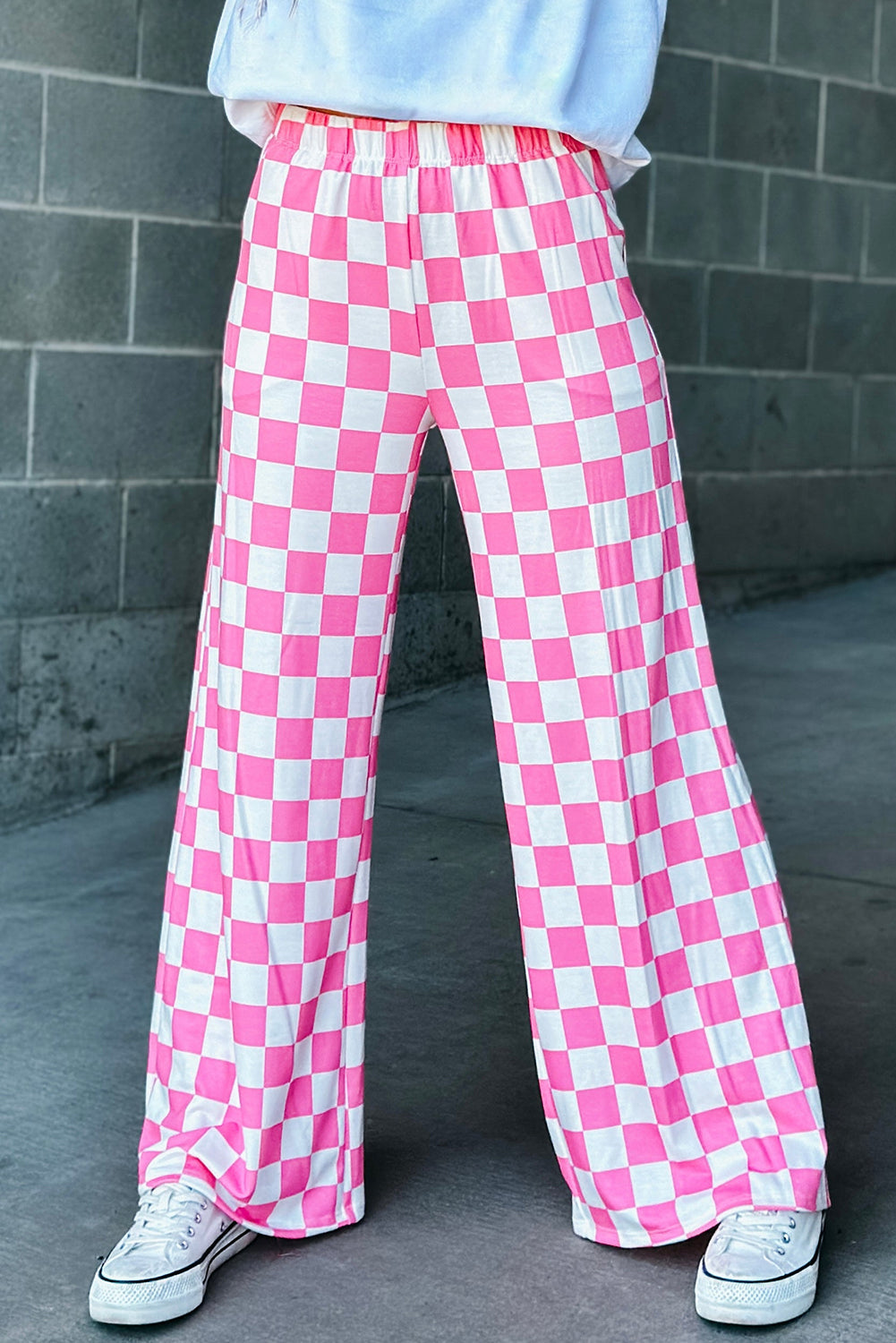 2-Tone Checked Print High Waist Wide Leg Pants