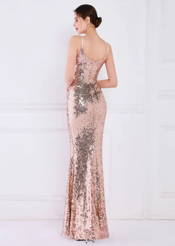 Women Summer Gold Romantic Strap Sleeveless Solid Sequined Mermaid Evening Dress