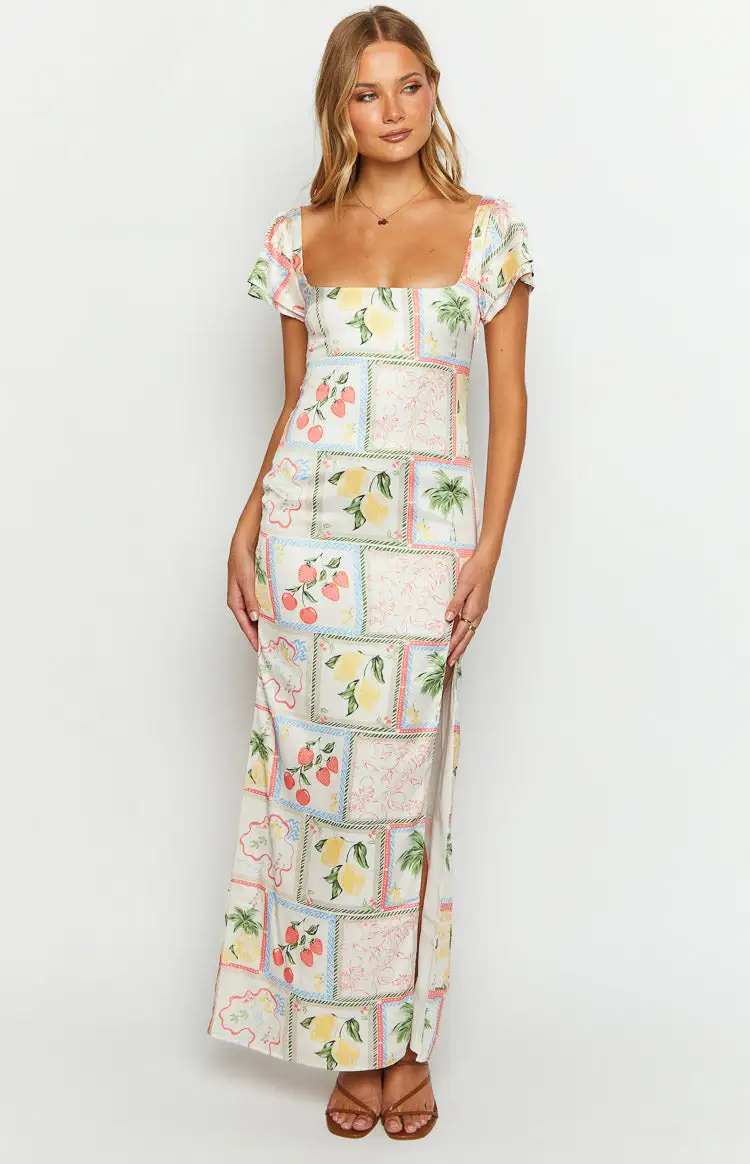 Nori White Satin Roma Print Maxi Dress