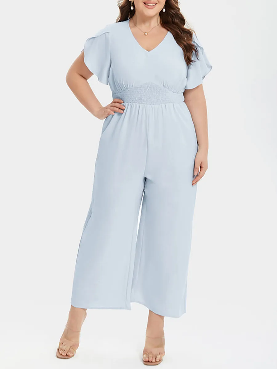 Plus Patchwork V-Neck Tulip Sleeve Pocket Jumpsuits