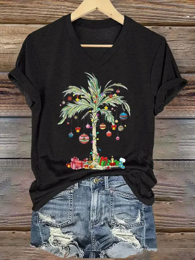 Women's Christmas Palm Tree Print T-Shirt