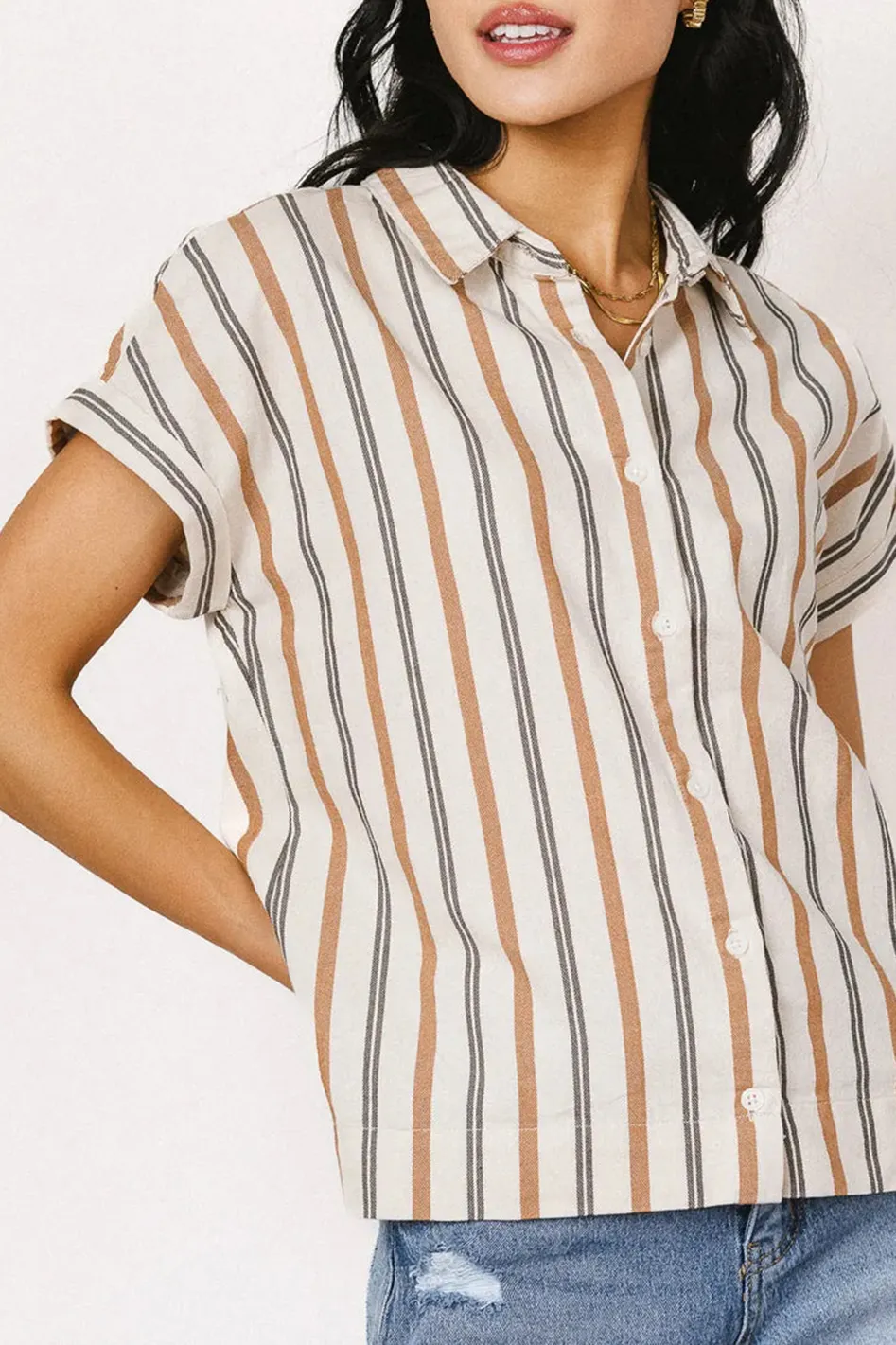 GABBY STRIPED BUTTON UP IN TAN