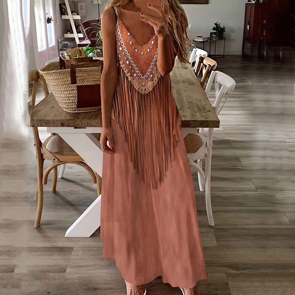 Western Tassel Printing Sleeveless V Neck Maxi Dress