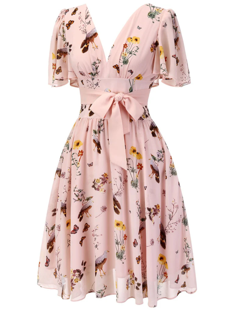 PINK FLOWERS AND BIRDS BOWKNOT V-NECK DRESS