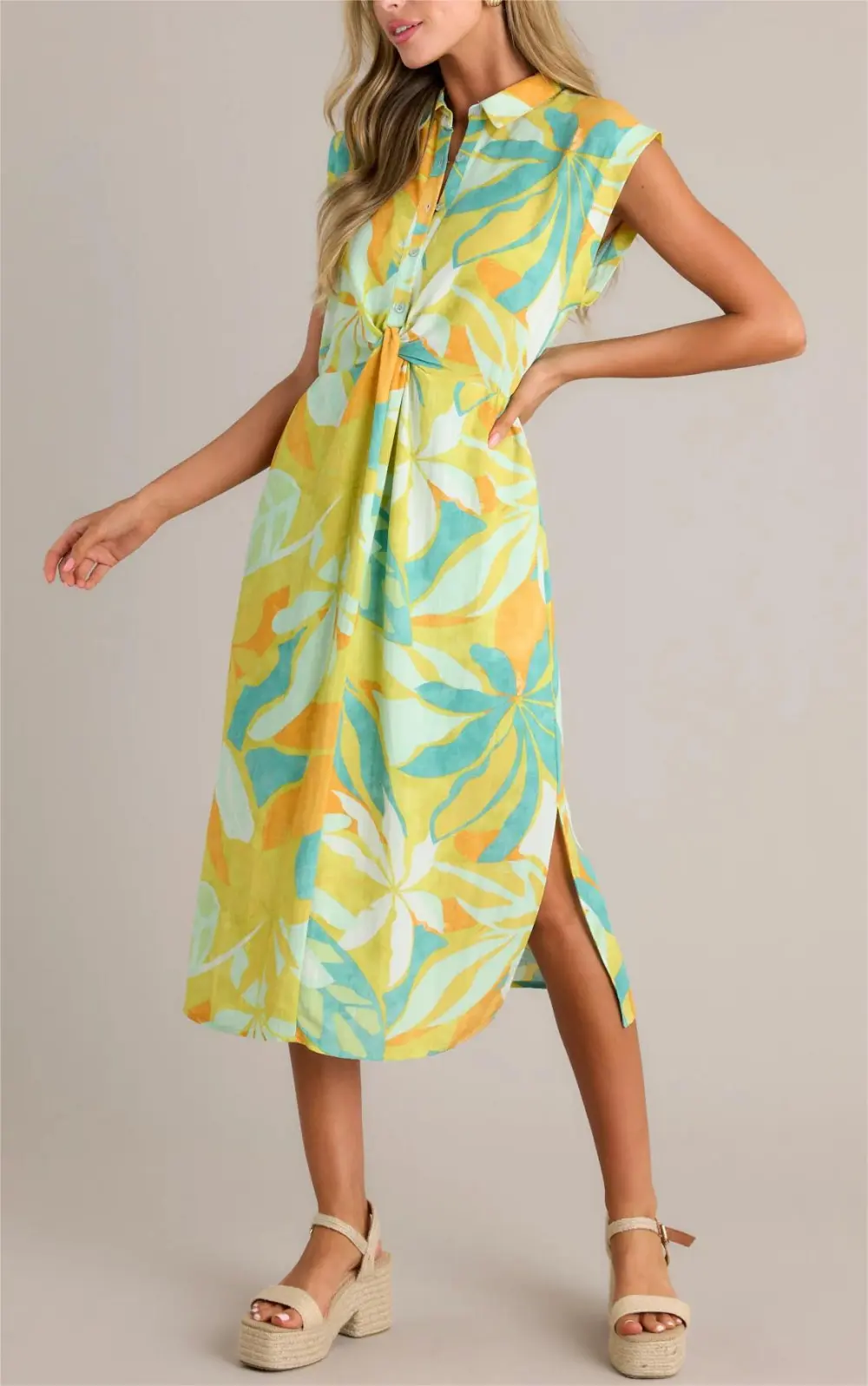 LIVE YOUR BEST LIFE LIME GREEN TROPICAL PRINT MIDI DRESS