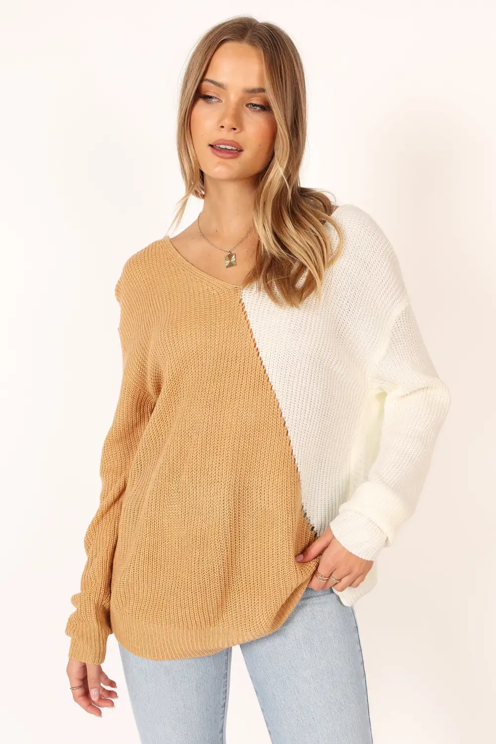 Lizzie Two Tone Knit Sweater - Beige Multi