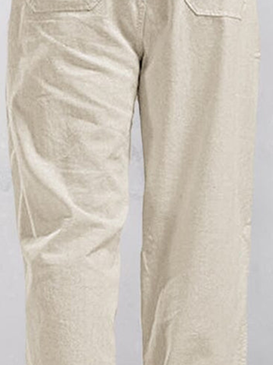 Casual solid color elastic waist cotton and linen straight pants