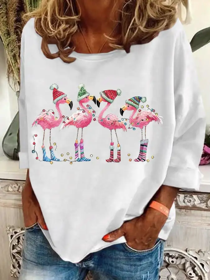 Women's Christmas Flamingo Holiday Print Casual Sweatshirt