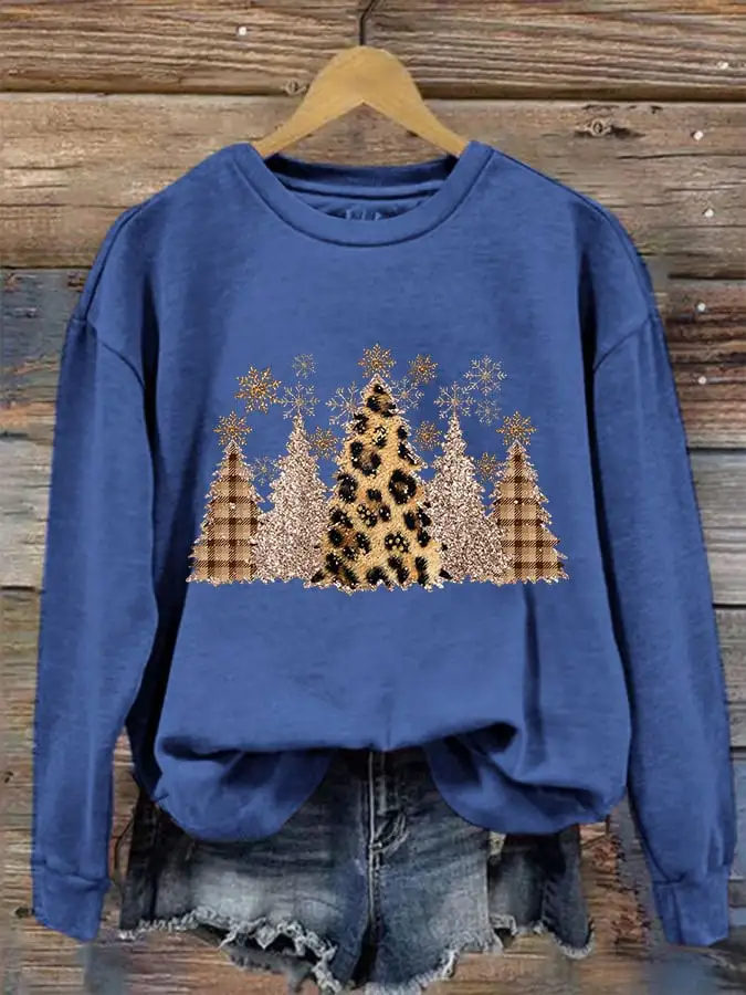 Women's Leopard Check Christmas Tree Print Crew Neck Sweatshirt