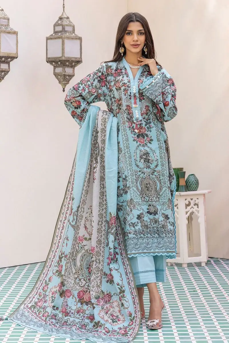 3 Piece Kurta Embroidered | Dupatta& Bottom & Tops | Color blue