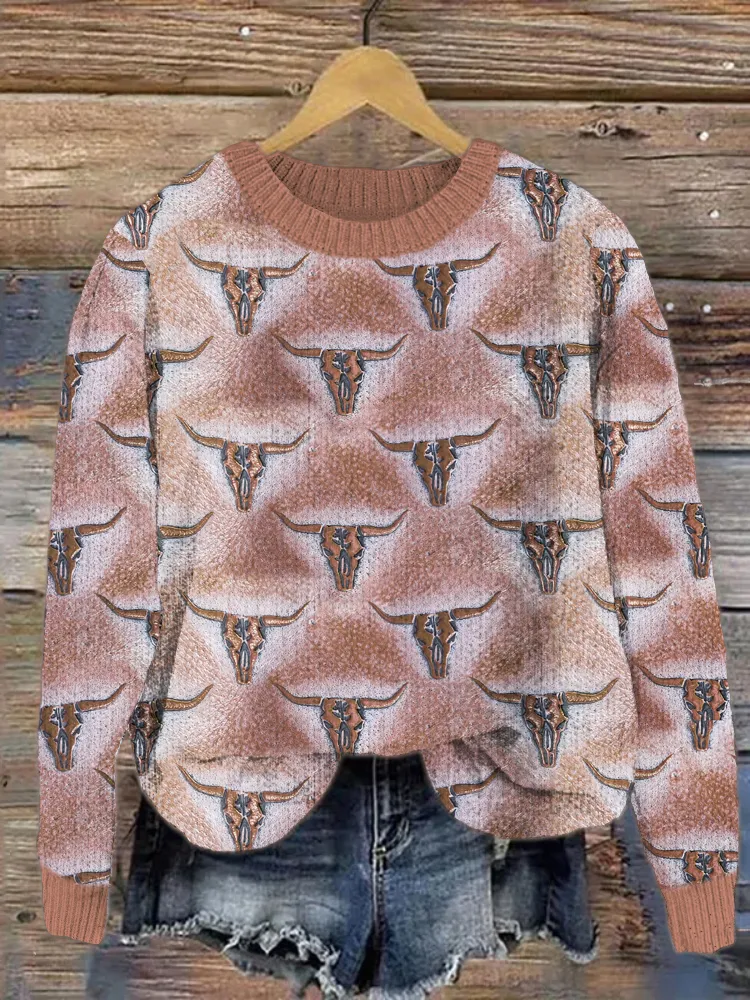 Embossed Leather Mini Longhorn Turquoise Pattern Cozy Sweater