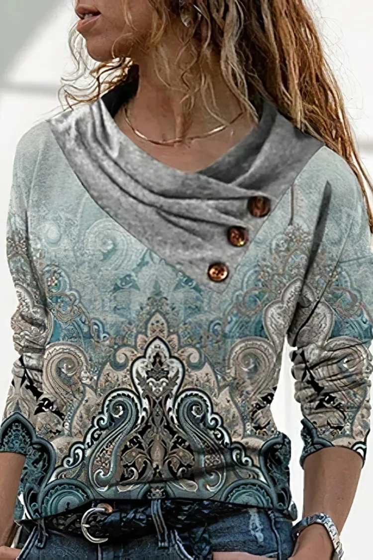 Vintage Print Patchwork Pile Collar Long Sleeve T-Shirt