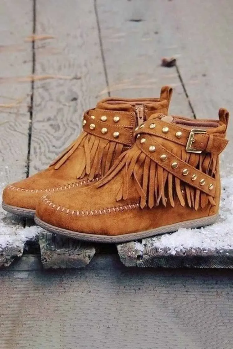 Fashion Flat Buckle Tassel Boots