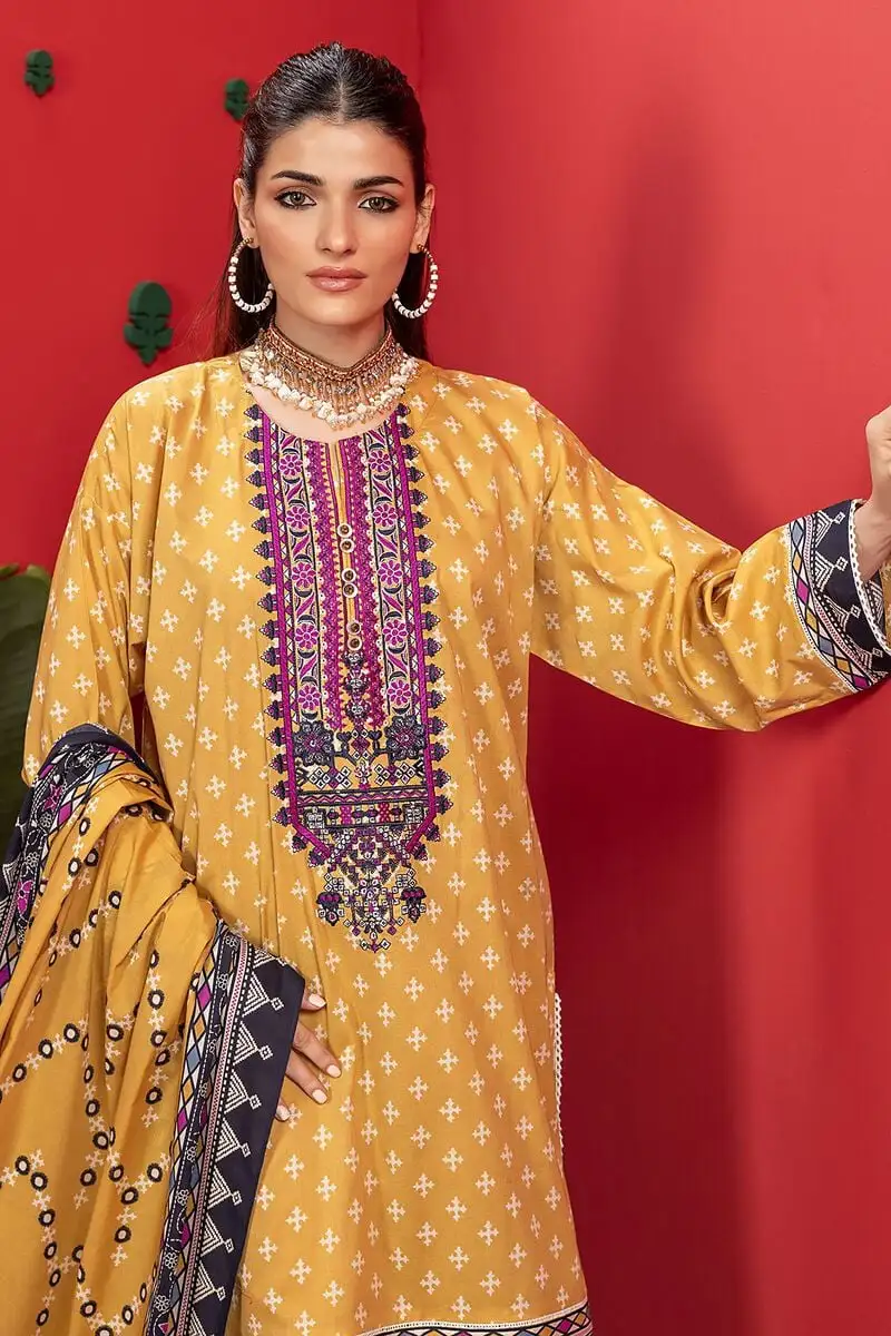 3 Piece Kurta Embroidered | Dupatta& Bottom & Tops | Color yellow