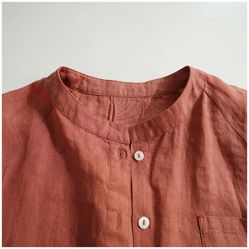 Stand collar 3/4 sleeve cotton linen shirt