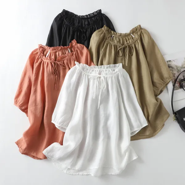 4 Colors Vintage Loose Cotton Numb Ear Tie Long Sleeve Top