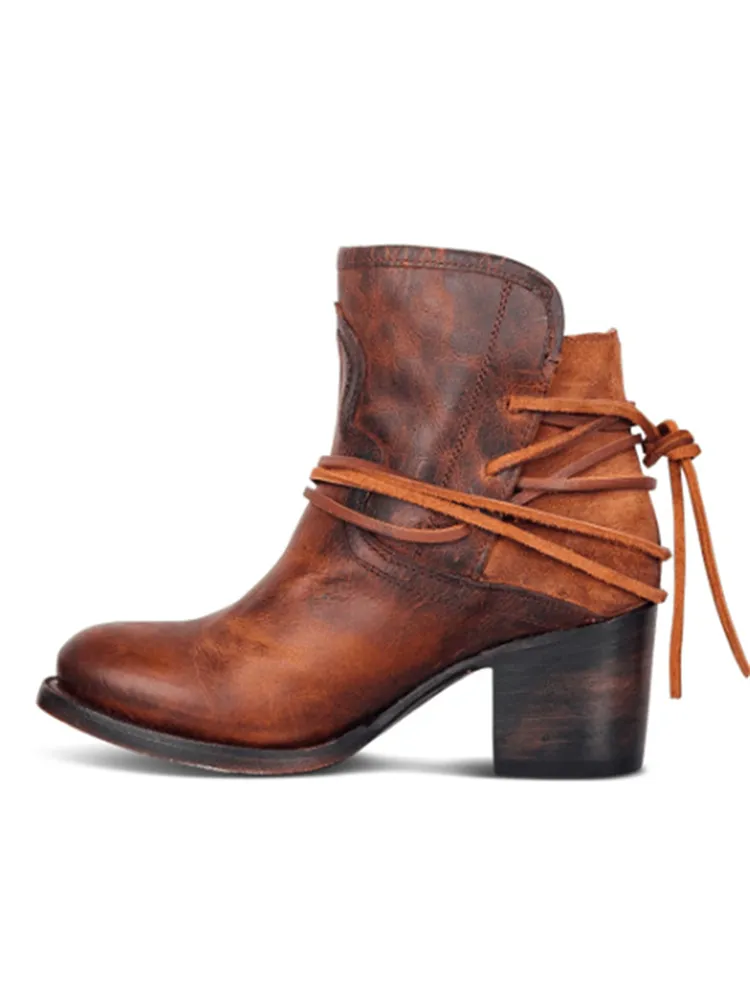 Laced Washed Leather Patchwork Ankle Boots