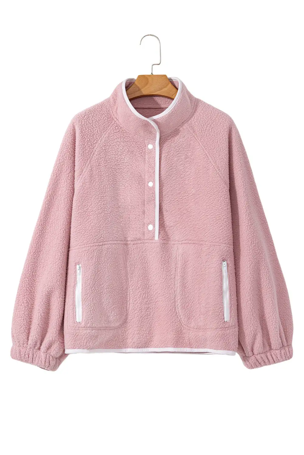 Fushia Stand Neck Half Button Zip Pocket Plush Sweatshirt