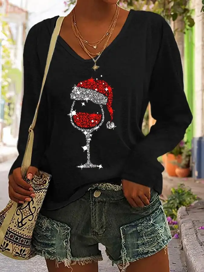 Women's Christmas Wine Glass Print V-Neck T-Shirt